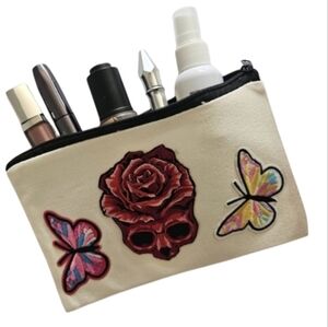 Hand Crafted embroidered bag red skull multicolored butterflies red rose rustic